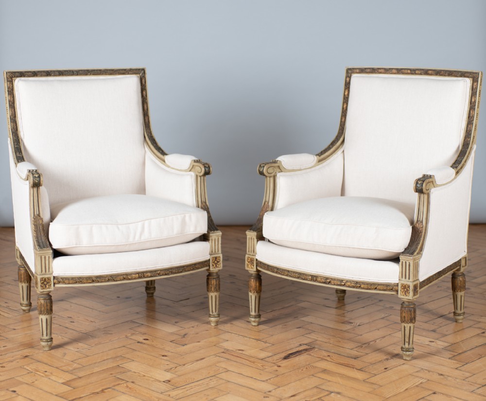 Pair Of 19th Century Large French Painted And Gilt Armchairs