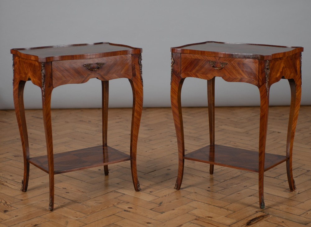 A Large Pair Of French Walnut Veneered Single Drawer Side Tables With Inlaid Tops
