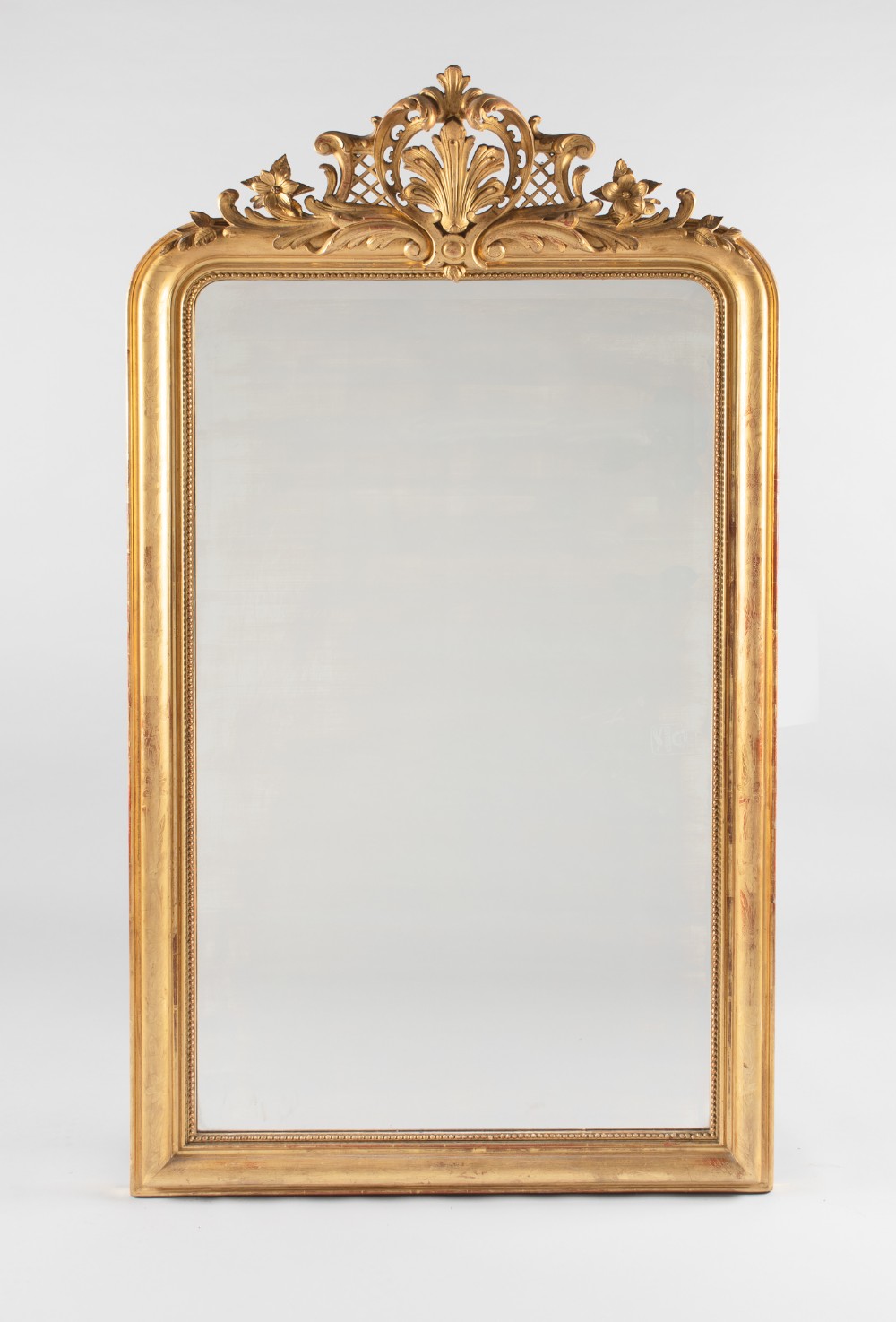 A Large 19th Century French Gilt Overmantle Mirror With Etched Gilt Decoration.