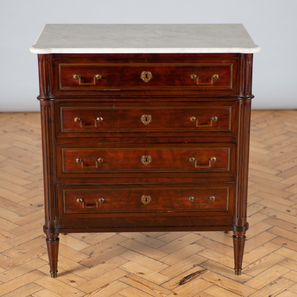 A Large French Four Drawer Mahogany Tall Chest Of Drawers With Marble Top.