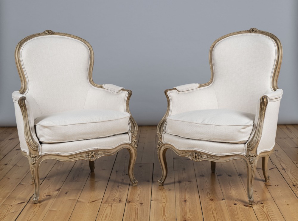 Pair Of Large French Louis XV Style Painted Upholstered Bergere Armchairs