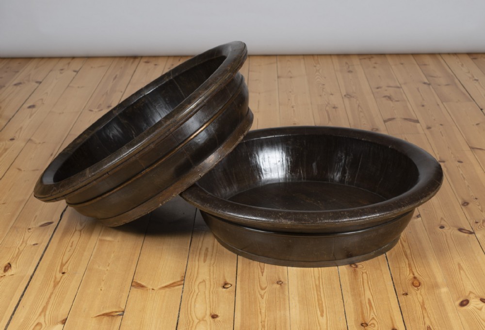 Two Large 19th Century English Sycamore Wood Brass Bound Dairy Bowls