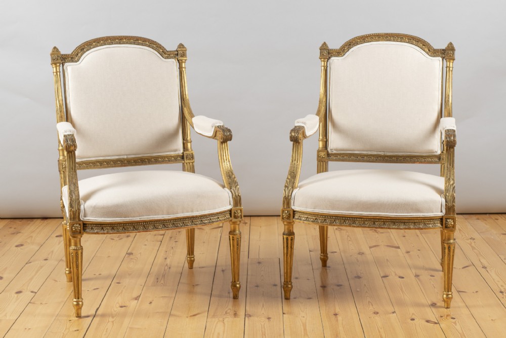 A Stunning Pair Of Large 19th Century Louis XVI Style French Gilt Armchairs.
