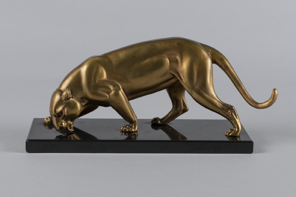 French Art Deco Sculpture Of A Gilded Spelter Panther, On Black Marble Base. I Rochard