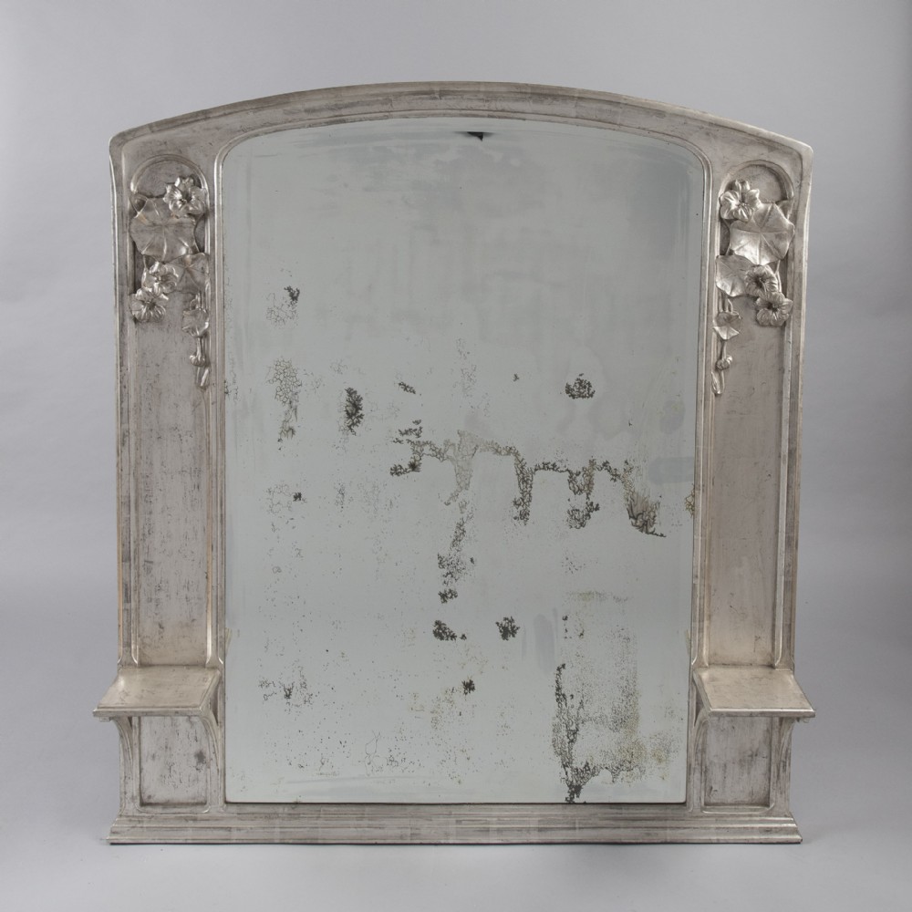 Large French Art Nouveau Silvered Overmantle Mirror