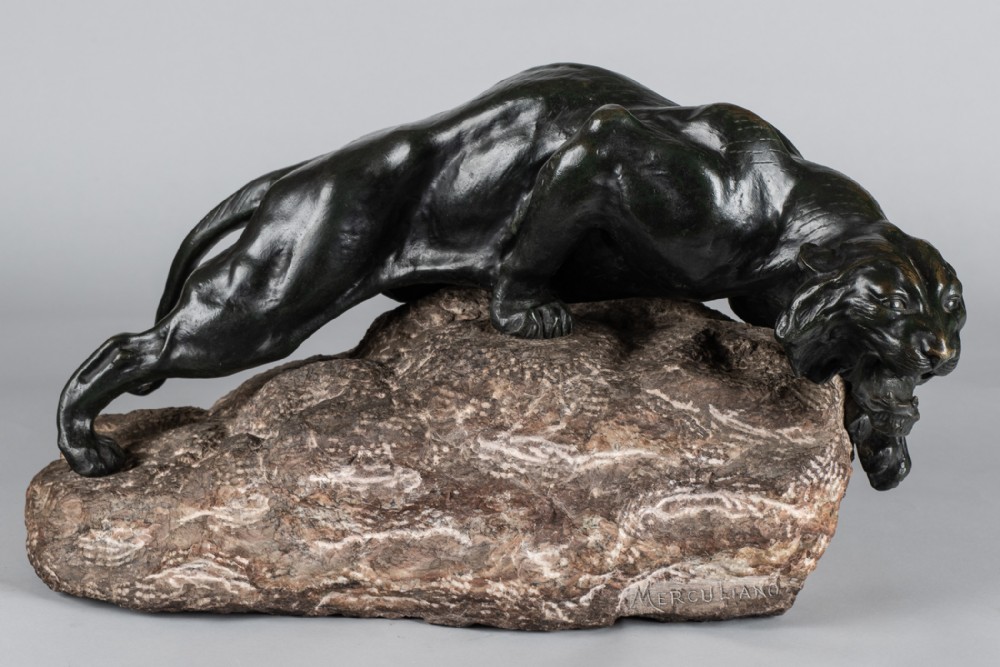 A Stunning Large Italian Bronze Sculpture Of A Tiger Set On A Granite Base, Signed Merculiano