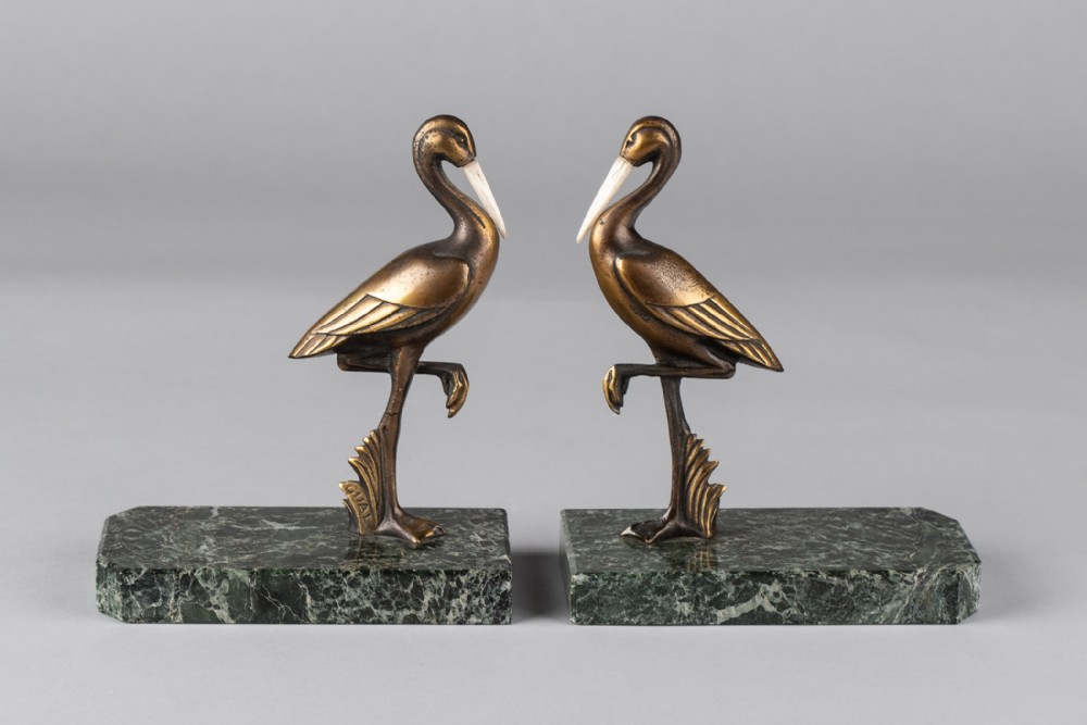 Pair Of French Art Deco Bronze Stork Bookends, Signed GUAL