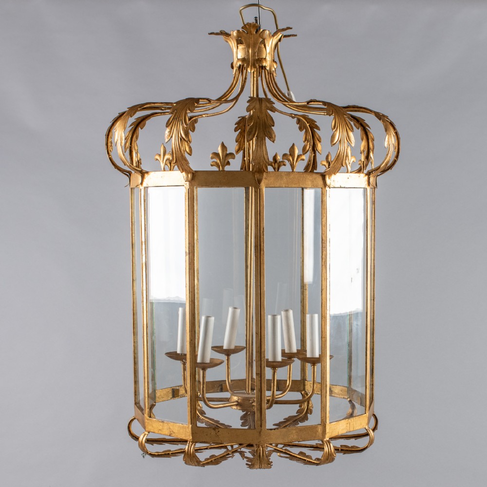 Large French Gilt Metal And Glass Six Light Lantern