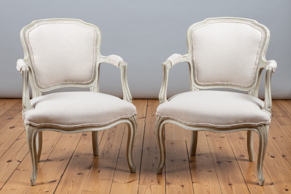 Pair Of Large French Louis XV Style Painted Upholstered Armchairs