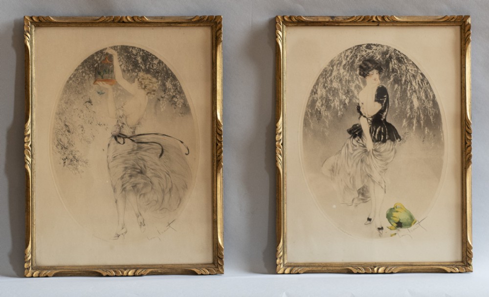 Pair Of  French Louis Icart Aqua-Tinted Etchings Set In Gilt Frames.