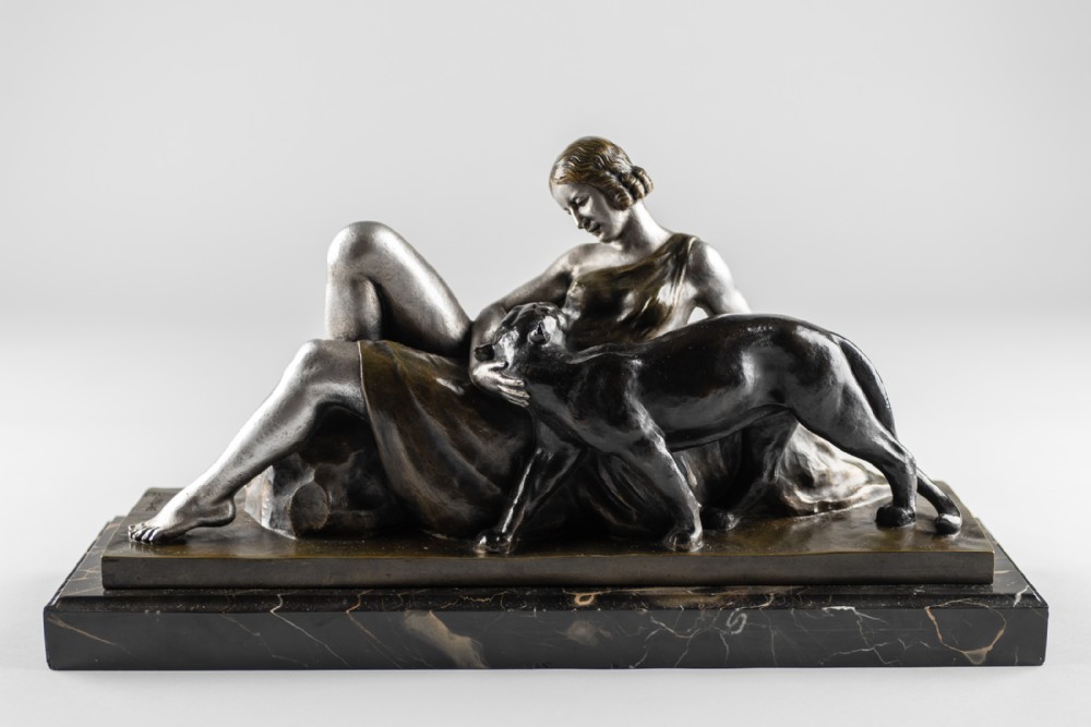 A Stunning French Art Deco Bronze And Silvered Sculpture, Signed A.Ouline. Lady And panther