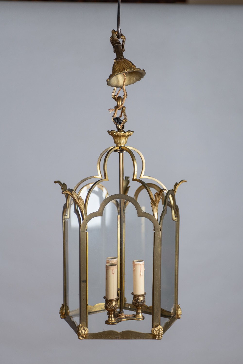 Large French Brass And Glass Three Light Hall Lantern