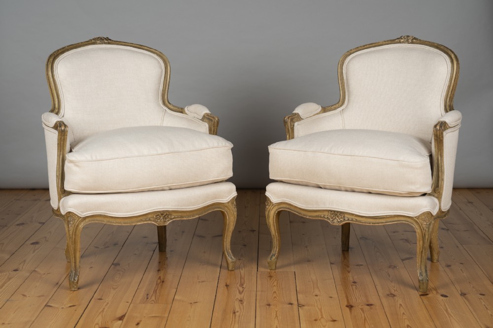 A Large Pair Of French Louis XV Style Painted Bergere Armchairs.