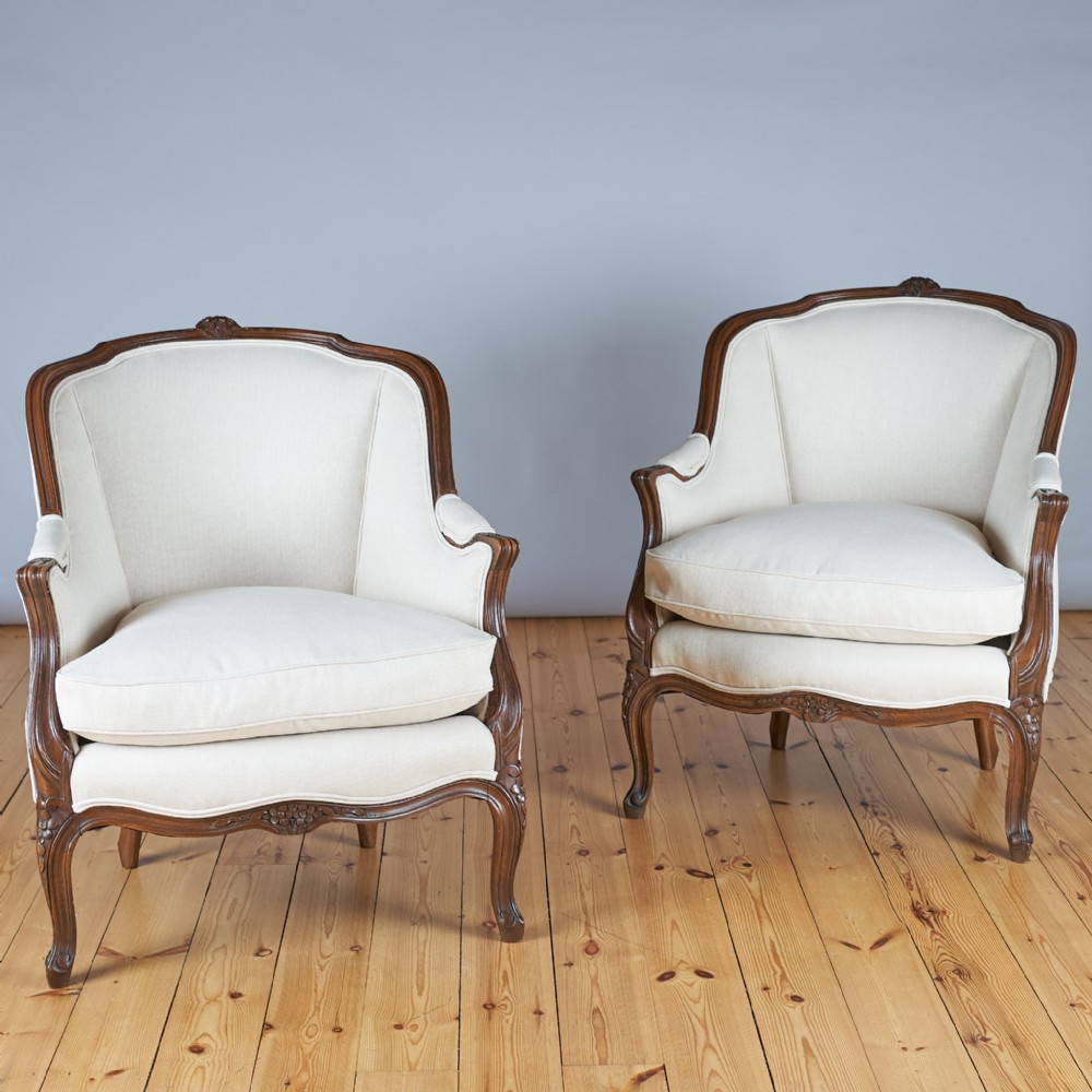 Pair Of Large French Louis XV Style Walnut Bergere Armchairs.