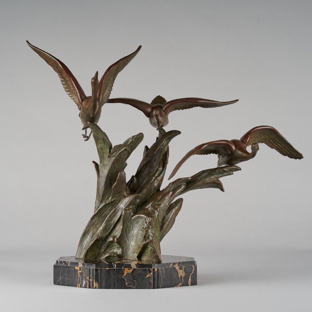 Large Art Deco French Spelter sculpture Birds In Flight Signed ROCHARD