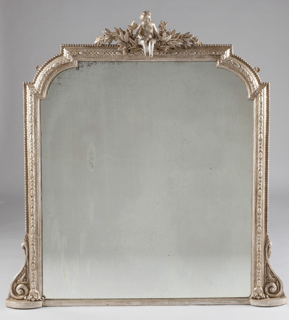 Large 19th Century English Victorian Silvered Overmantle Mirror With Cherub Decoration