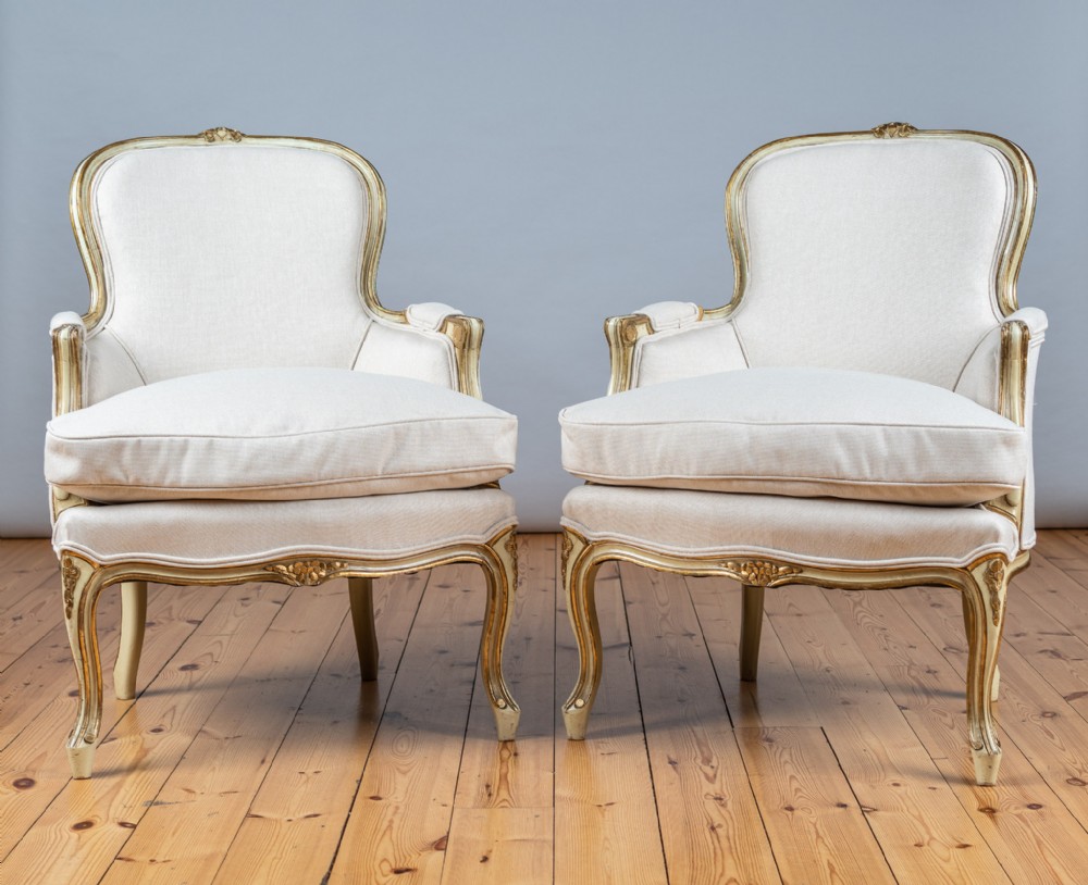 Pair Of Large French Louis XV Style Painted And Parcel - Gilt Bergere Armchairs