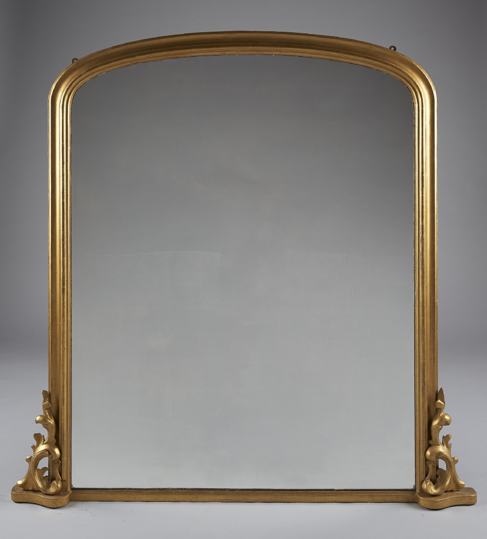 Large 19th Century English Victorian Gilt Archtop Overmantle Mirror