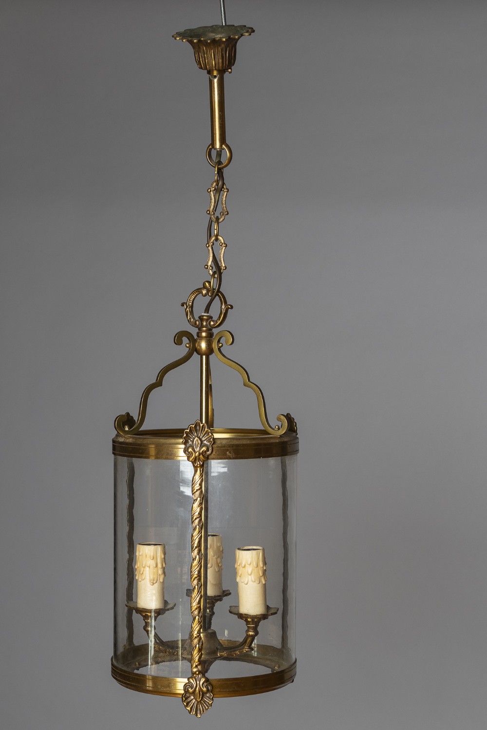Large French Brass Three Light Lantern With Chain And Ceiling Rose