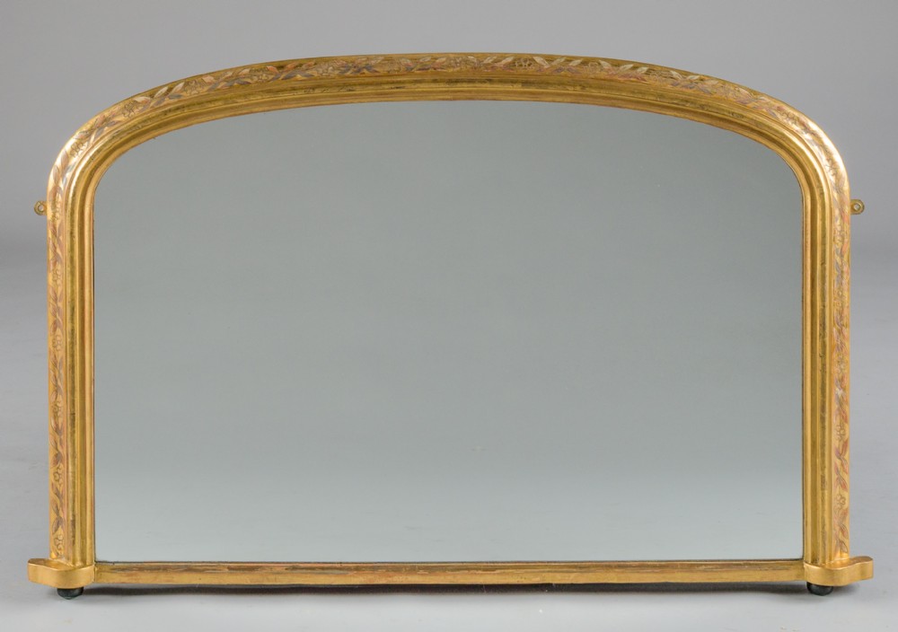 Large 19th Century Victorian English Gilt Archtop Overmantle Mirror