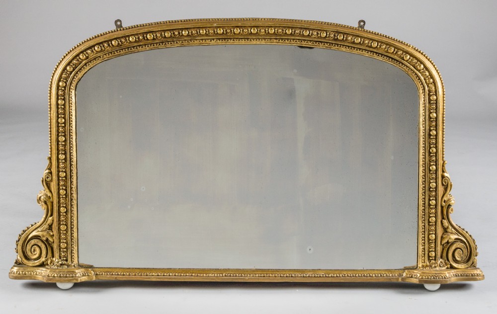 19th Century Victorian English Gilt Archtop Overmantle Mirror Set On Porcelain Feet