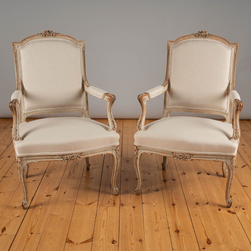 Large Pair Of French Painted Upholstered Armchairs