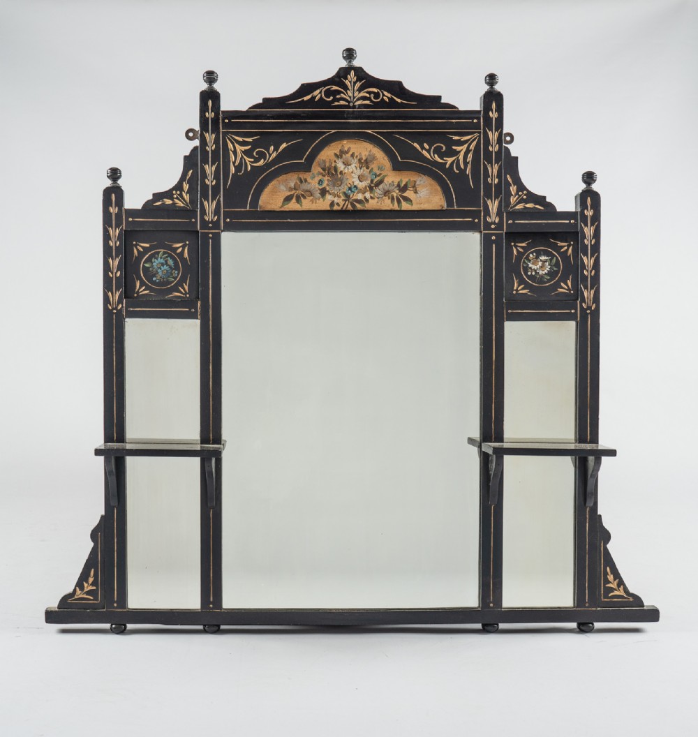 Large 19th Century Victorian English Ebonised And Painted Gilt Overmantle Mirror