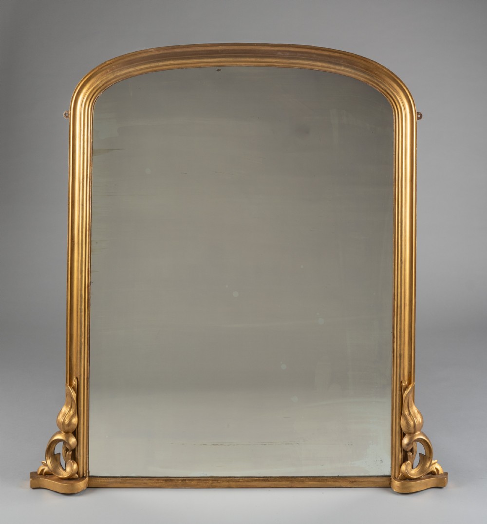 Large 19th Century Victorian English Gilt Archtop Overmantle Mirror