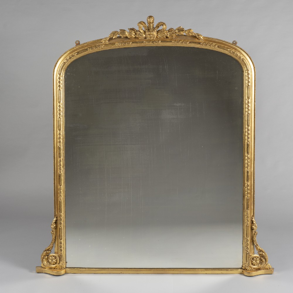 Large 19th Century Victorian English Gilt Archtop Overmantle Mirror With Prince Of Wales Feather Plume Surmount