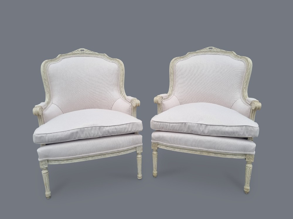 Pair Of Large French Painted Louis XV Style Carved Bergere Upholstered Armchairs View III