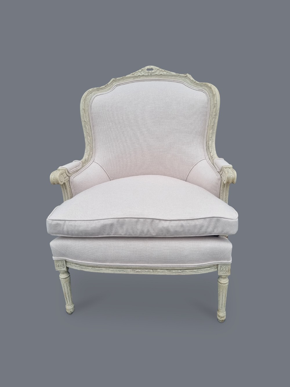 Pair Of Large French Painted Louis XV Style Carved Bergere Upholstered Armchairs View IV