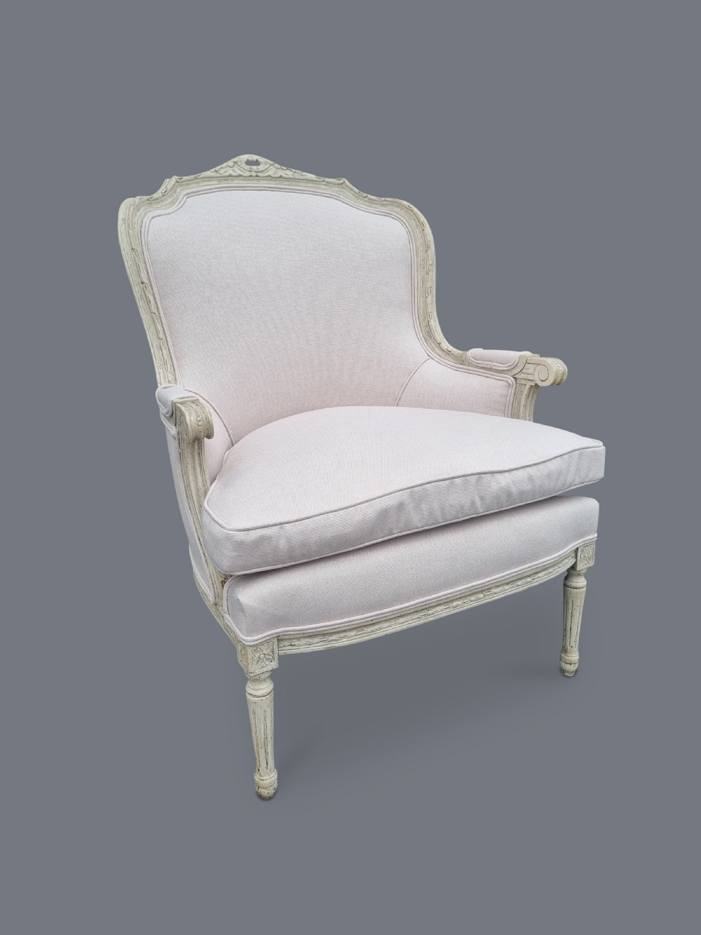 Pair Of Large French Painted Louis XV Style Carved Bergere Upholstered Armchairs View V