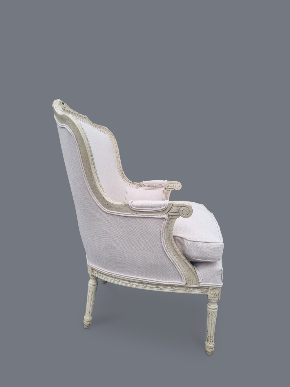 Pair Of Large French Painted Louis XV Style Carved Bergere Upholstered Armchairs View VI