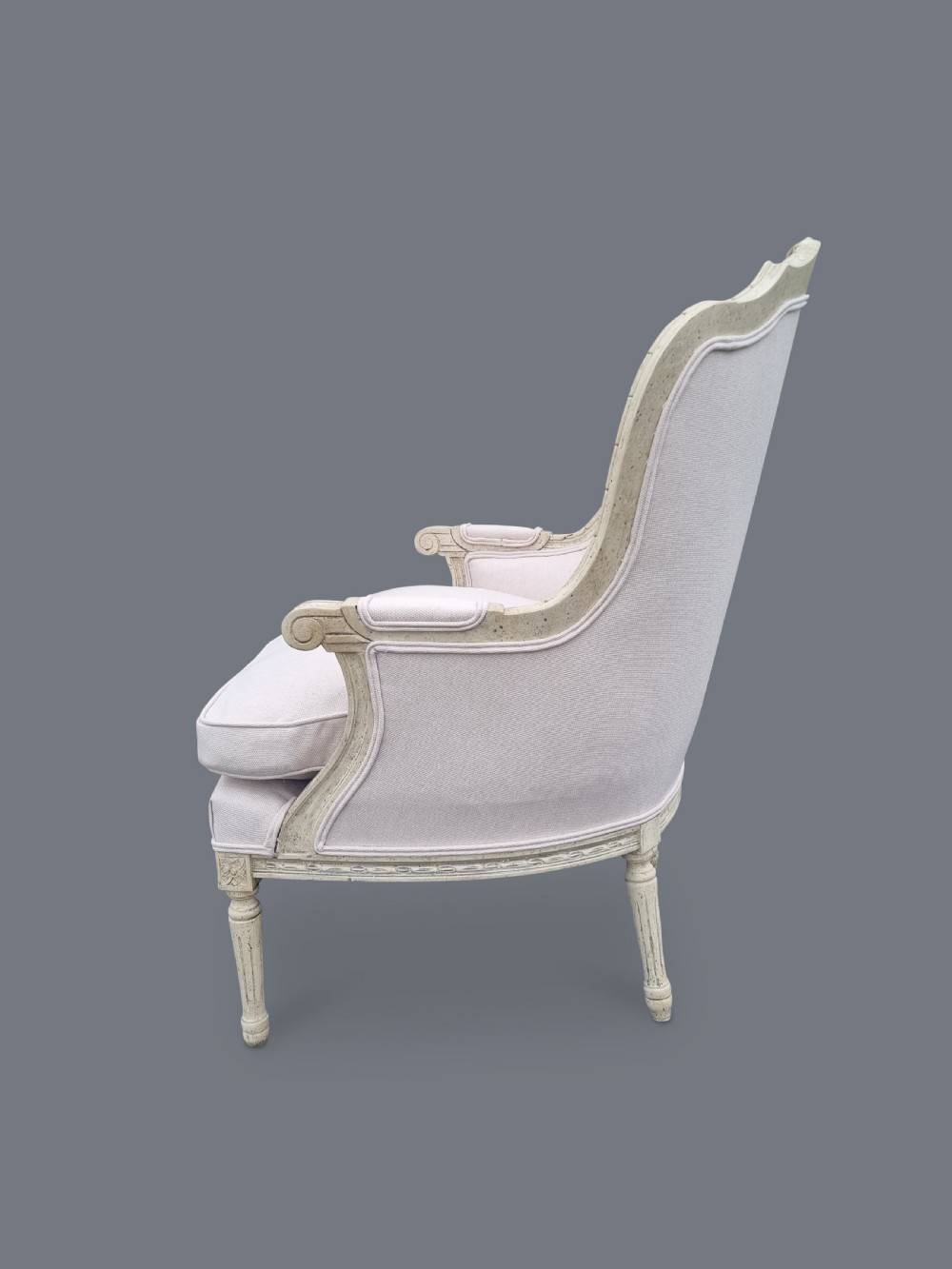 Pair Of Large French Painted Louis XV Style Carved Bergere Upholstered Armchairs View IX