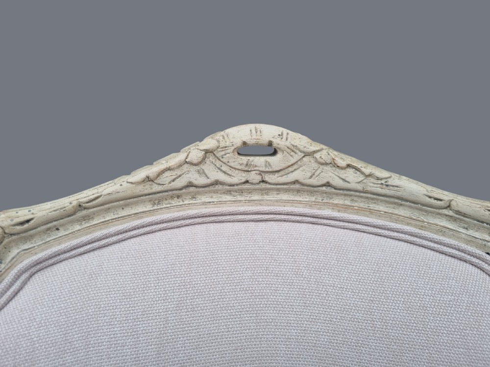 Pair Of Large French Painted Louis XV Style Carved Bergere Upholstered Armchairs View X