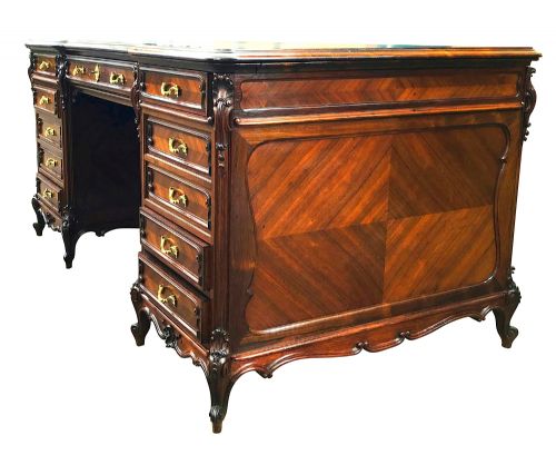 French Antique Carved Rosewood Desk with Side Extensions circa 1890