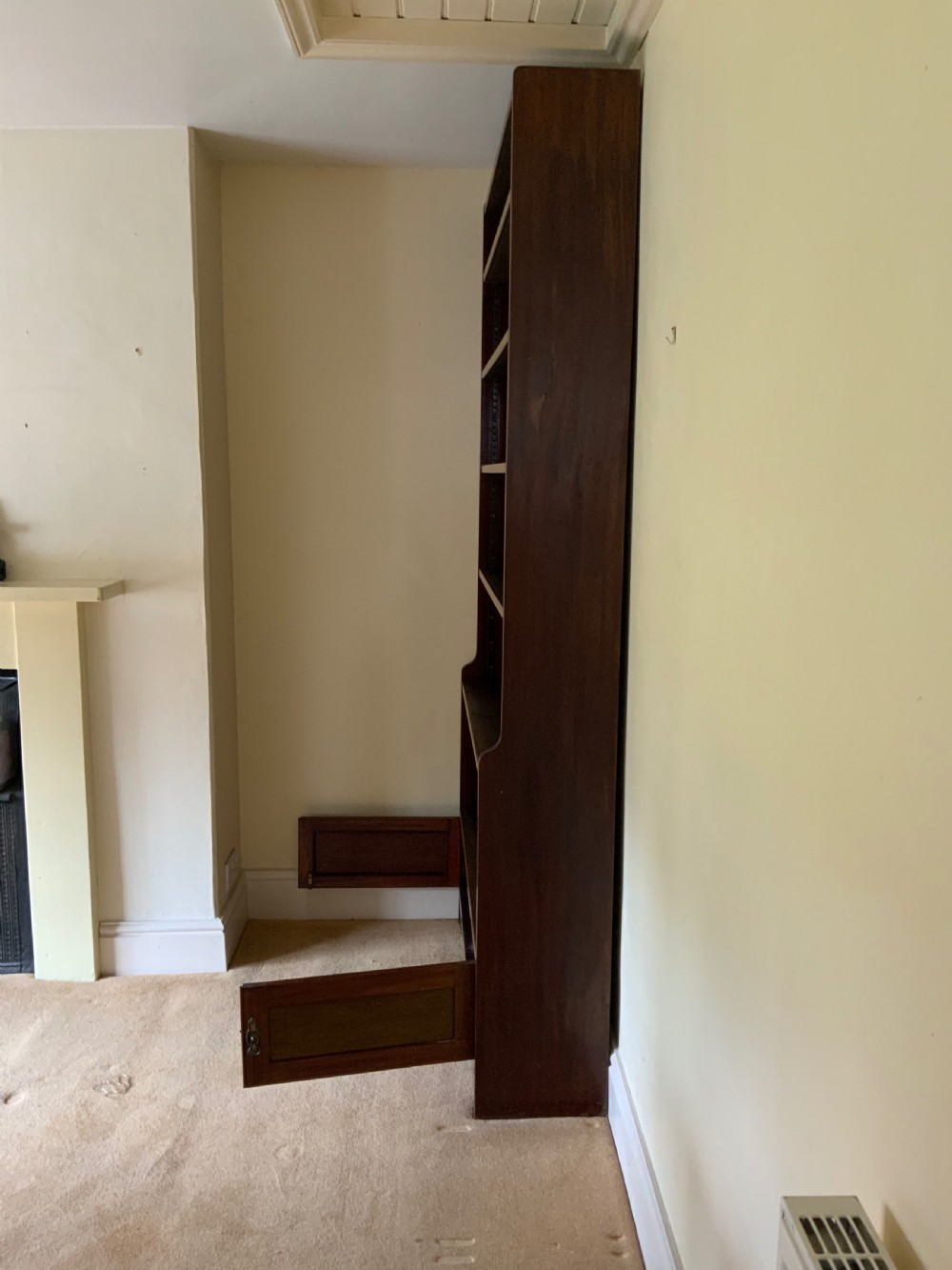 A tall antique dark mahogany open bookcase featuring multiple exposed shelves above a two-door base cupboard. View V