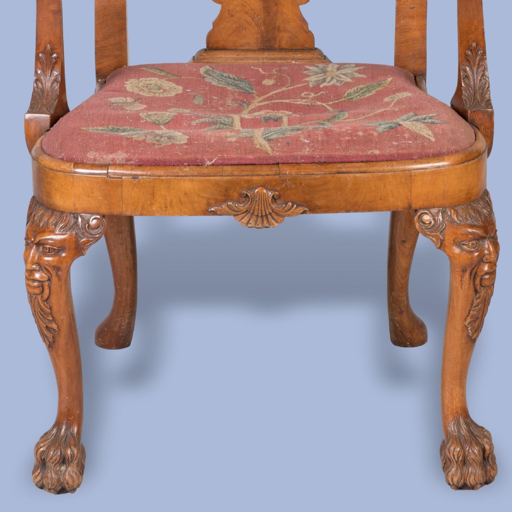 A PAIR OF GEORGE I STYLE WALNUT LOWBACK OPEN ARMCHAIRS View V