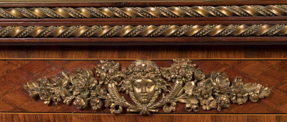 A French-style parquetry card table with cabriole legs and gilded bronze mounts on the apron and feet. View IV