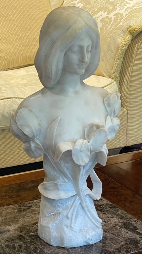 Antique French Bust Art Nouveau Alabaster sculpture figure maiden 19thc 56cm