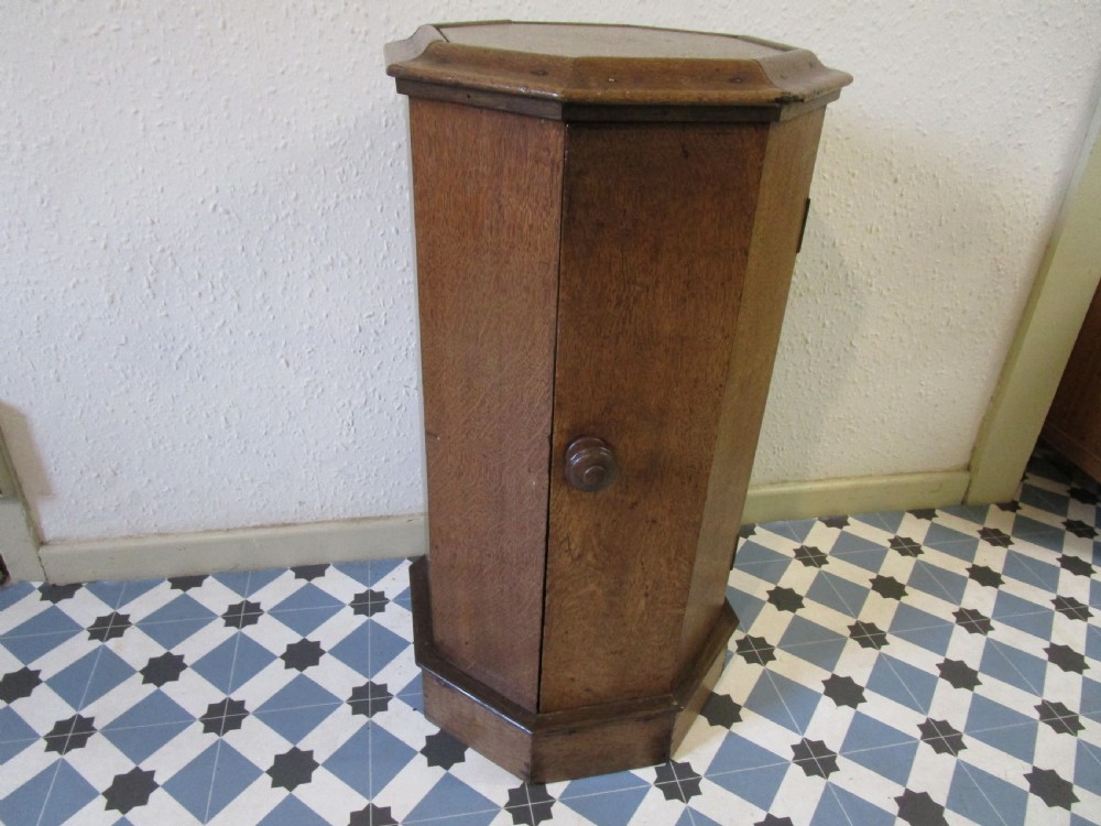 An octagonal antique oak bedside pot cupboard featuring a moulded top, single hinged door with a turned wooden knob, and a solid plinth base.