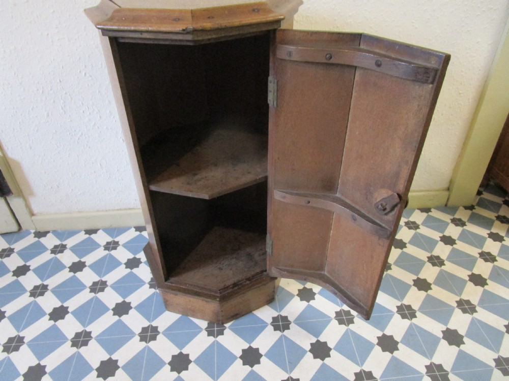 An octagonal antique oak bedside pot cupboard featuring a moulded top, single hinged door with a turned wooden knob, and a solid plinth base. View III
