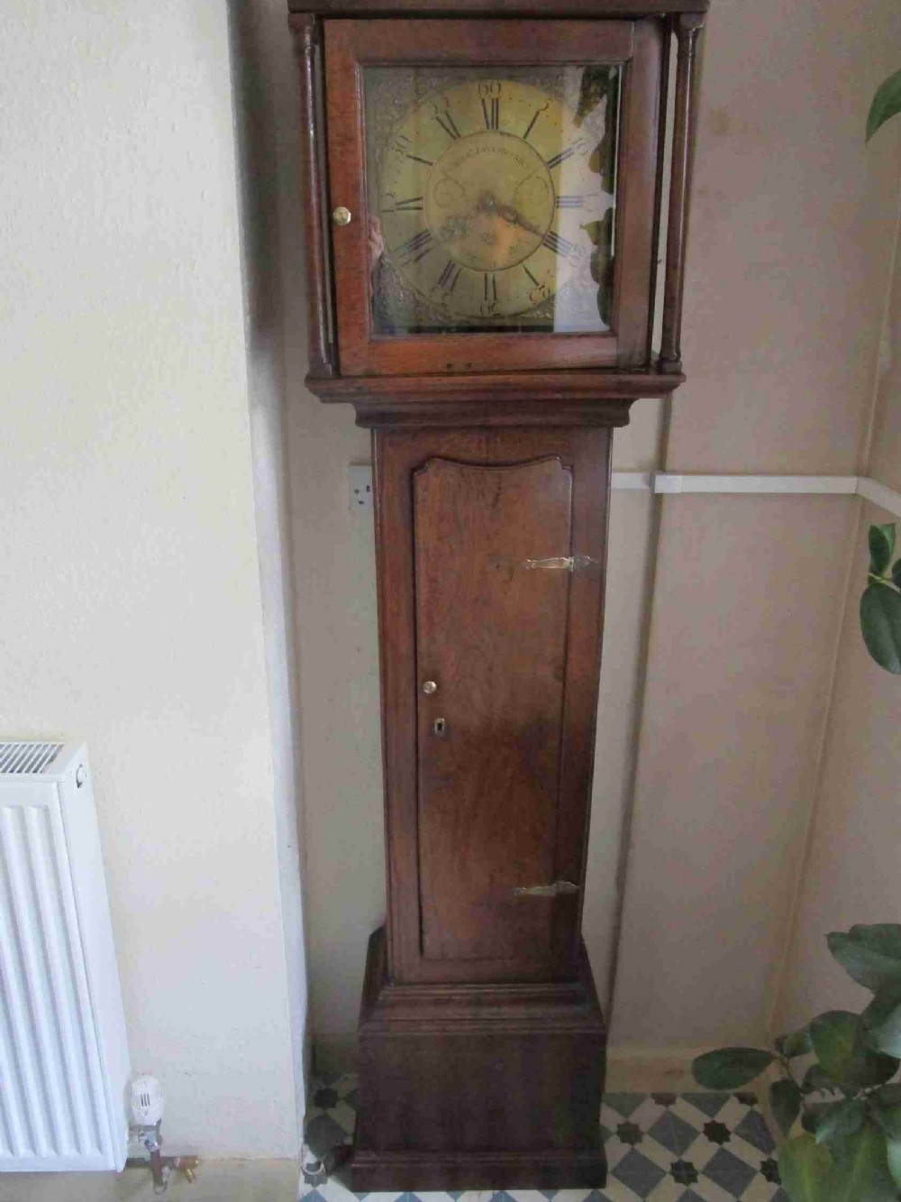 An antique dark oak longcase clock featuring a glazed hood with brass dial, slim trunk door, and plinth base.