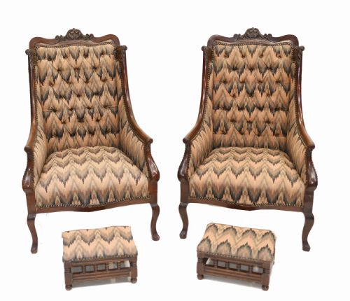 Pair Victorian Salon Chairs Arm Club Chair Stools