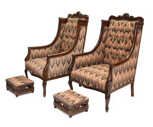 fig 1. Pair Victorian Salon Chairs Arm Club Chair Stools