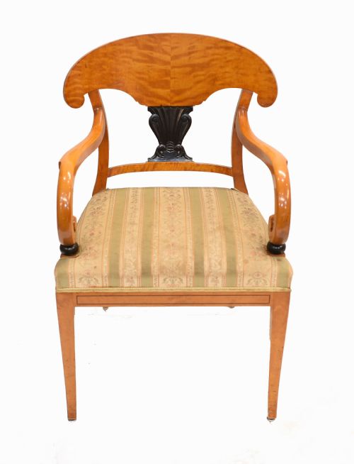 fig 1. Pair Biedermeier Arm Chairs Swedish Satin Birch Furniture 1910