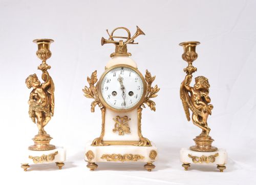 Antique Clock Set French Garniture Gilt and Marble Cherubs