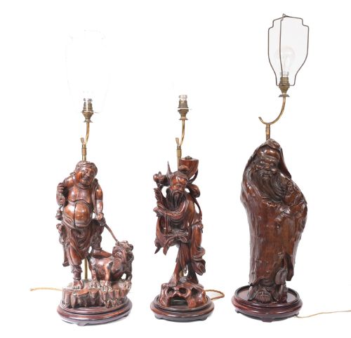 Set Hand Carved Chinese Buddha Lamps Antique Lights Figurines 1880