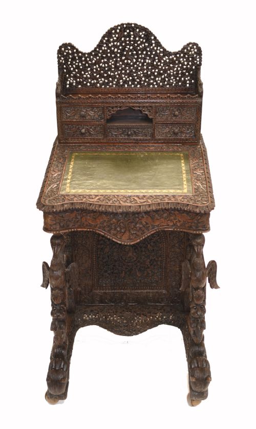 Burmese Davenport Desk Antique Hand Caved Burma Furniture 1885