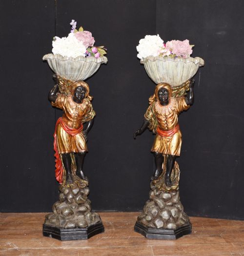 Pair Venetian Blackamoor Figurines - Antique Clam Shell Planter Stands